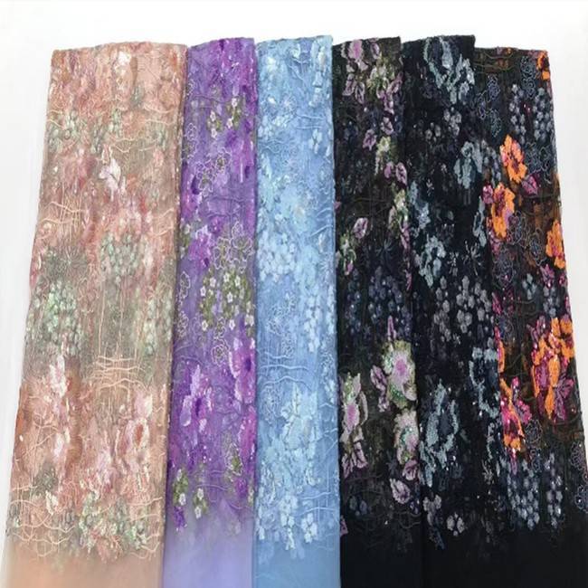 5 Yards Multi-Color Sequins Pearls Beaded Embroidered 3D Floral Lace Material Fabric JX423