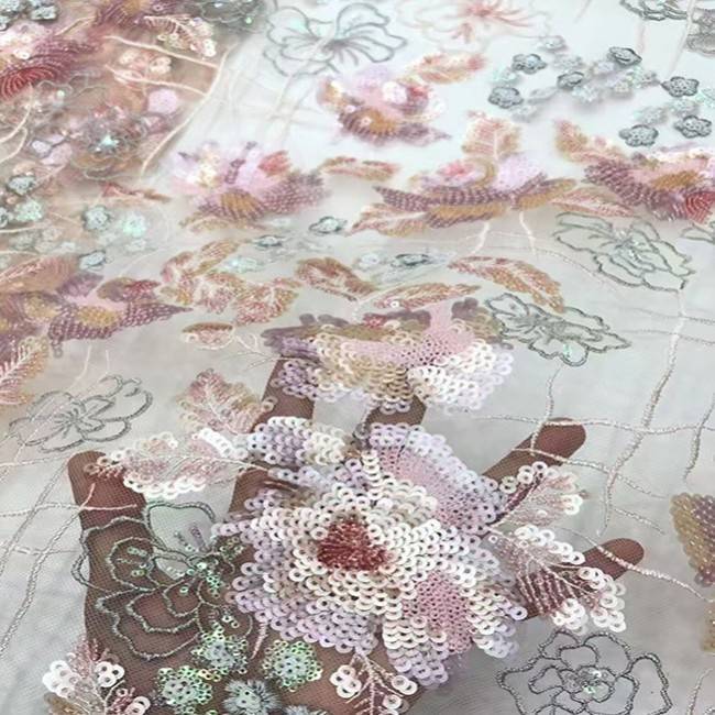 5 Yards Multi-Color Sequins Pearls Beaded Embroidered 3D Floral Lace Material Fabric JX423