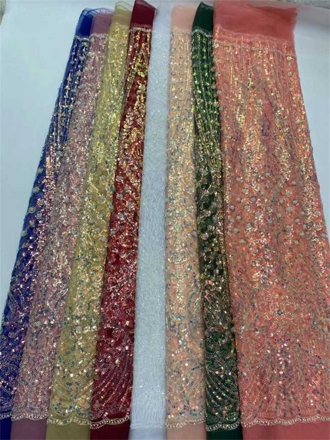 5 Yards Multi-Color Sequins Pearls Beaded Embroidered 3D Floral Lace Material Fabric JX451