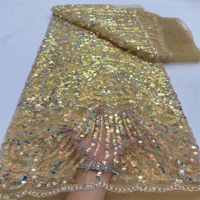5 Yards Multi-Color Sequins Pearls Beaded Embroidered 3D Floral Lace Material Fabric JX451