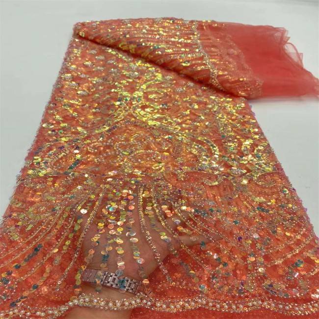 5 Yards Multi-Color Sequins Pearls Beaded Embroidered 3D Floral Lace Material Fabric JX451