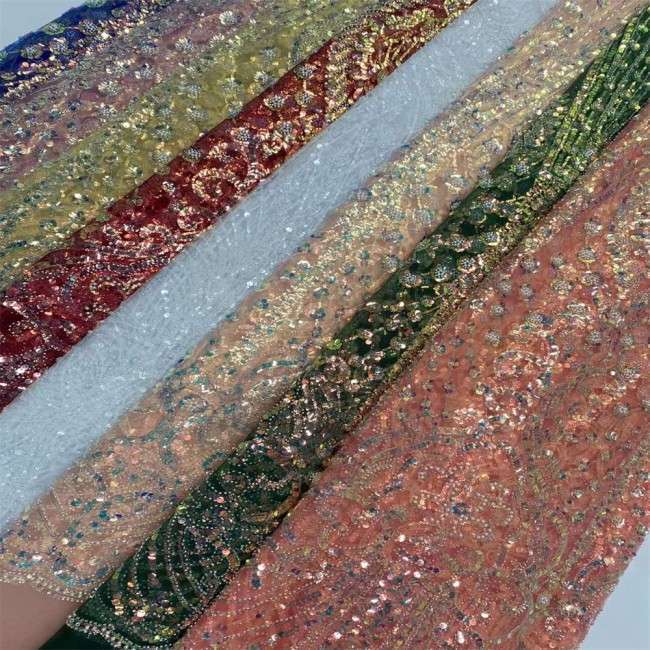 5 Yards Multi-Color Sequins Pearls Beaded Embroidered 3D Floral Lace Material Fabric JX451
