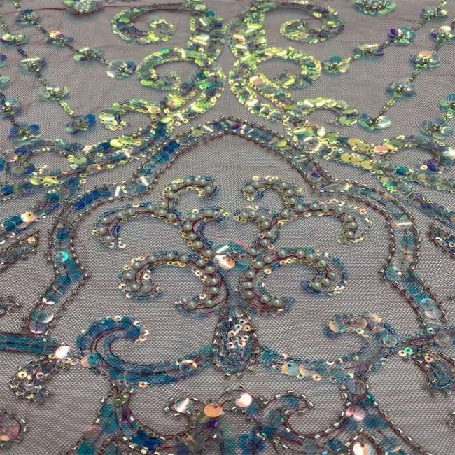 5 Yards Multi-Color Sequins Pearls Beaded Embroidered 3D Floral Lace Material Fabric JX451
