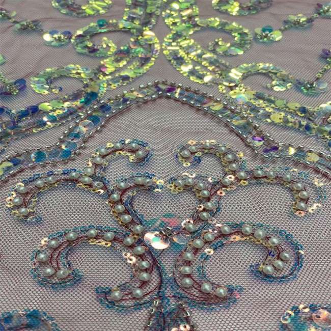5 Yards Multi-Color Sequins Pearls Beaded Embroidered 3D Floral Lace Material Fabric JX451