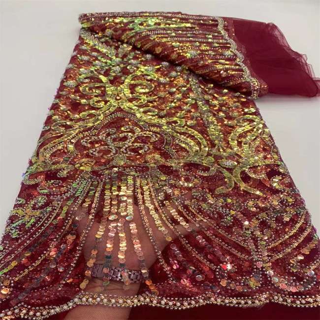 5 Yards Multi-Color Sequins Pearls Beaded Embroidered 3D Floral Lace Material Fabric JX451