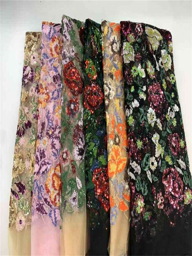 5 Yards Multi-Color Sequins Pearls Beaded Embroidered 3D Floral Lace Material Fabric JX457