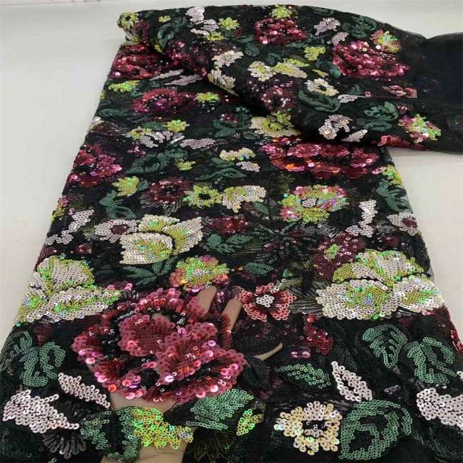5 Yards Multi-Color Sequins Pearls Beaded Embroidered 3D Floral Lace Material Fabric JX457