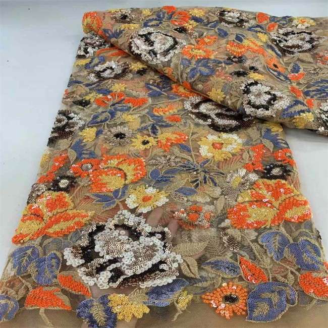 5 Yards Multi-Color Sequins Pearls Beaded Embroidered 3D Floral Lace Material Fabric JX457