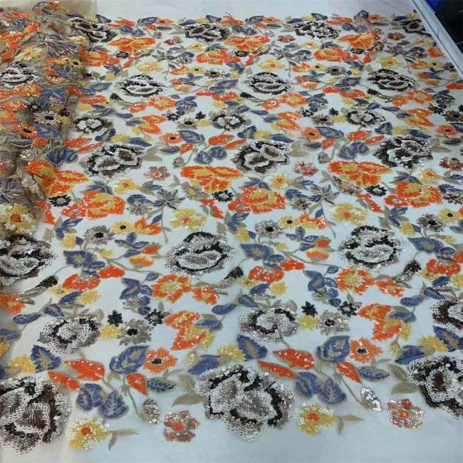 5 Yards Multi-Color Sequins Pearls Beaded Embroidered 3D Floral Lace Material Fabric JX457