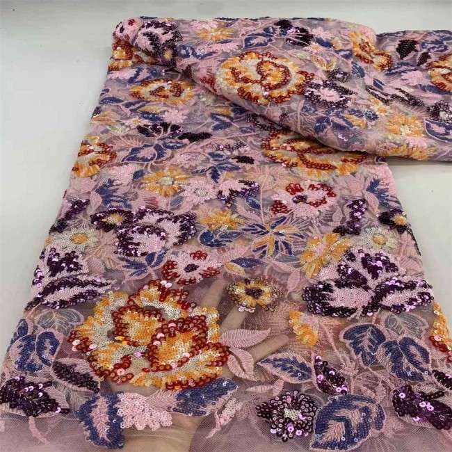 5 Yards Multi-Color Sequins Pearls Beaded Embroidered 3D Floral Lace Material Fabric JX457