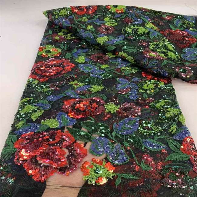 5 Yards Multi-Color Sequins Pearls Beaded Embroidered 3D Floral Lace Material Fabric JX457