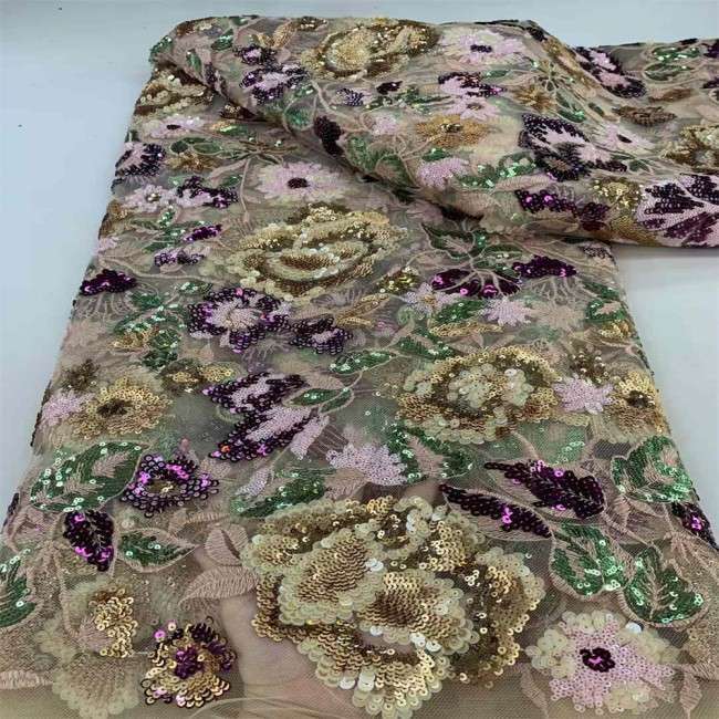 5 Yards Multi-Color Sequins Pearls Beaded Embroidered 3D Floral Lace Material Fabric JX457