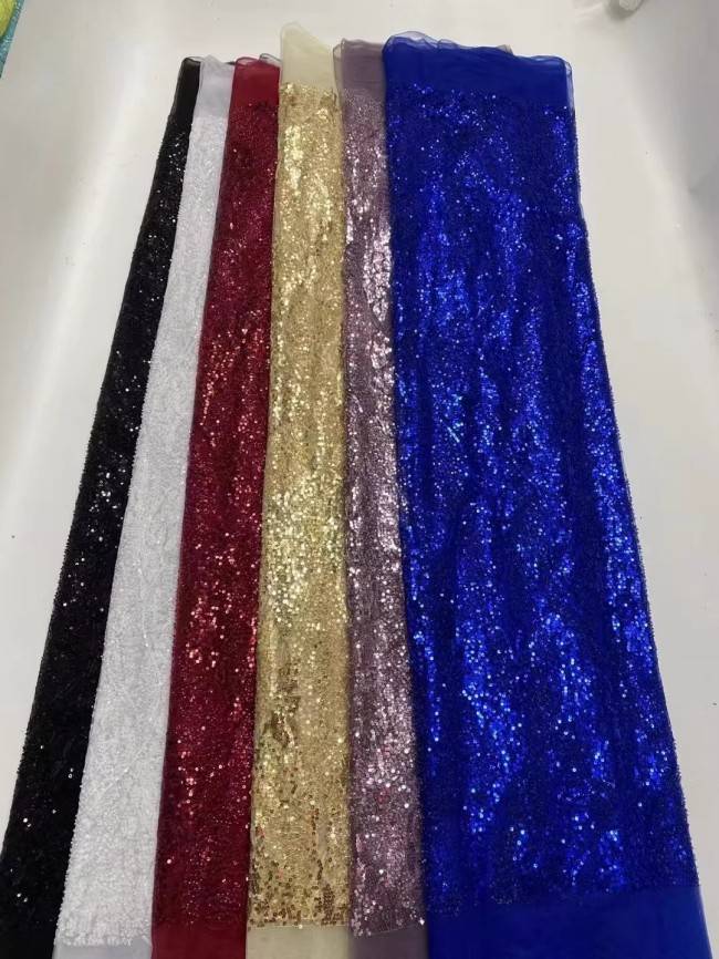 5 Yards Multi-Color Sequins Pearls Beaded Embroidered 3D Floral Lace Material Fabric JX438
