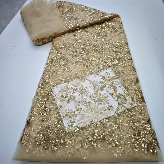 5 Yards Multi-Color Sequins Pearls Beaded Embroidered 3D Floral Lace Material Fabric JLT133