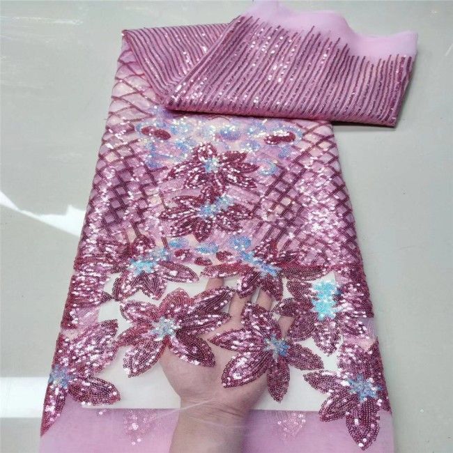 5 Yards Multi-Color Sequins Pearls Beaded Embroidered 3D Floral Lace Material Fabric JLT136