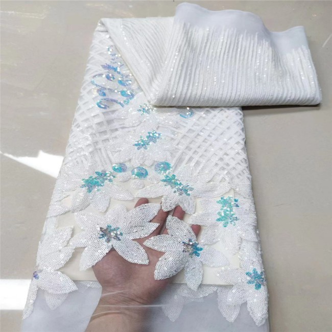 5 Yards Multi-Color Sequins Pearls Beaded Embroidered 3D Floral Lace Material Fabric JLT136