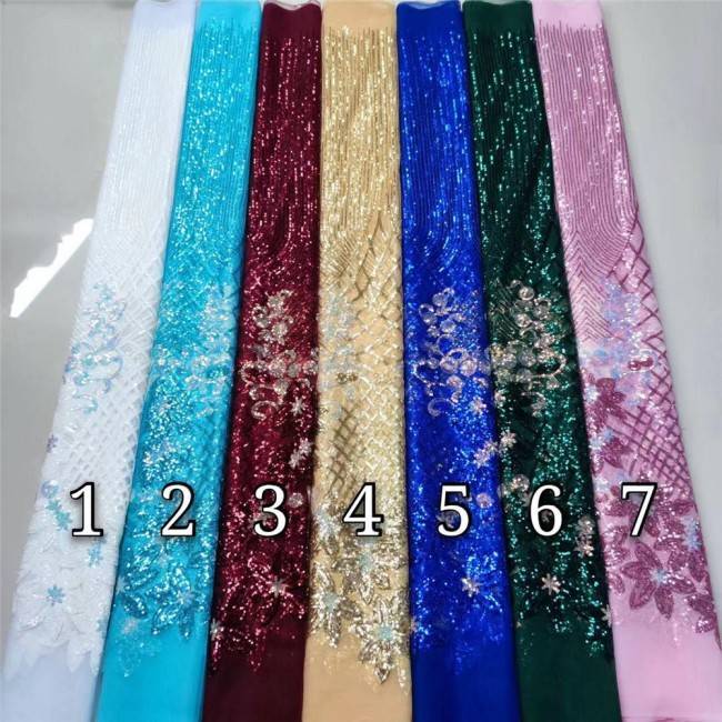 5 Yards Multi-Color Sequins Pearls Beaded Embroidered 3D Floral Lace Material Fabric JLT136