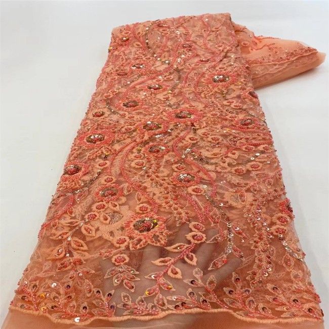 5 Yards Multi-Color Sequins Pearls Beaded Embroidered 3D Floral Lace Material Fabric JLT141