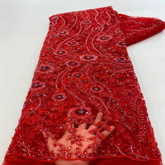 5 Yards Multi-Color Sequins Pearls Beaded Embroidered 3D Floral Lace Material Fabric JLT141