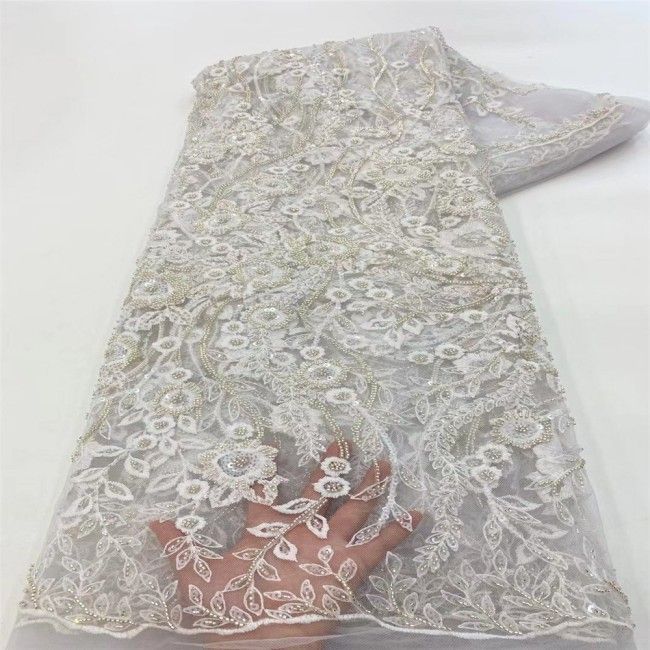 5 Yards Multi-Color Sequins Pearls Beaded Embroidered 3D Floral Lace Material Fabric JLT141