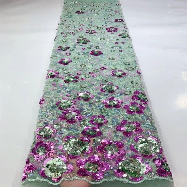 5 Yards Multi-Color Sequins Pearls Beaded Embroidered 3D Floral Lace Material Fabric JLT145