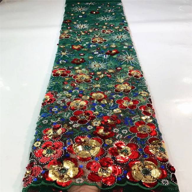 5 Yards Multi-Color Sequins Pearls Beaded Embroidered 3D Floral Lace Material Fabric JLT145