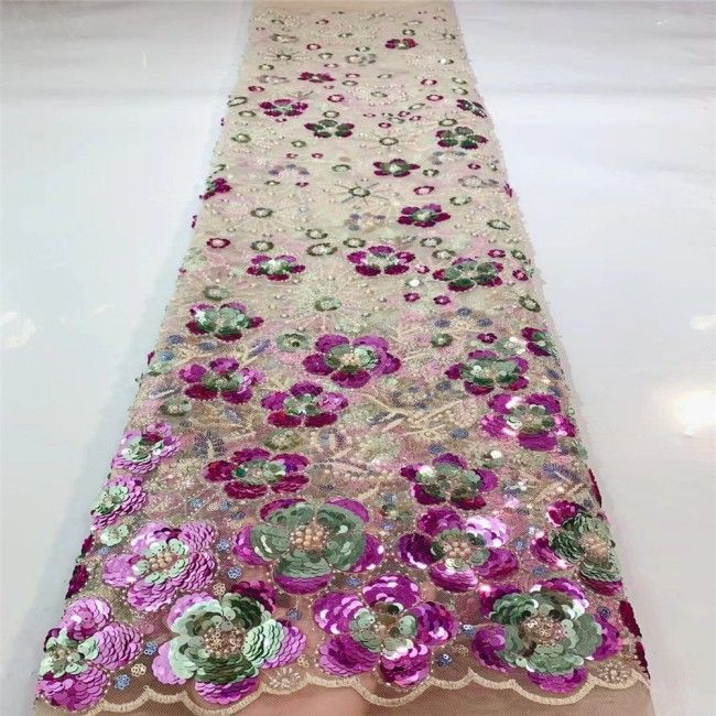 5 Yards Multi-Color Sequins Pearls Beaded Embroidered 3D Floral Lace Material Fabric JLT145