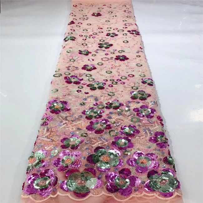 5 Yards Multi-Color Sequins Pearls Beaded Embroidered 3D Floral Lace Material Fabric JLT145