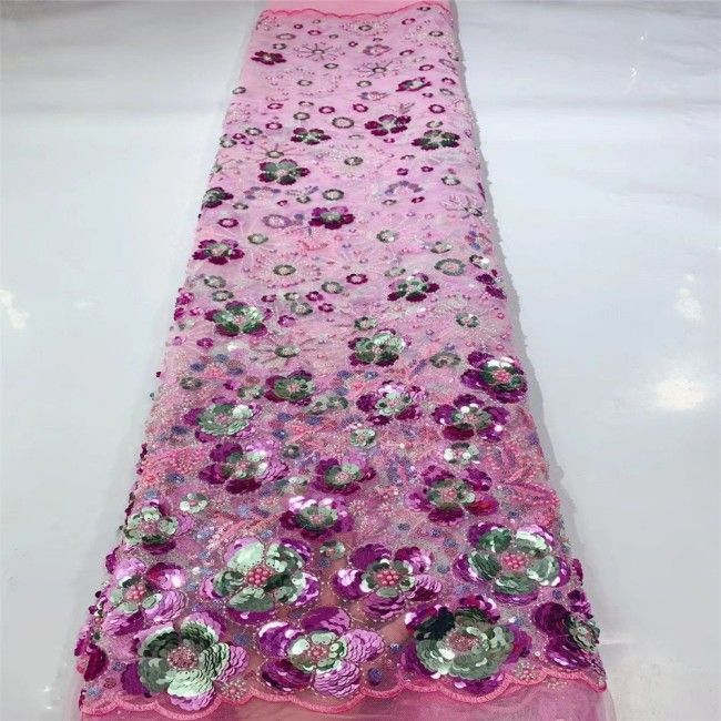 5 Yards Multi-Color Sequins Pearls Beaded Embroidered 3D Floral Lace Material Fabric JLT145