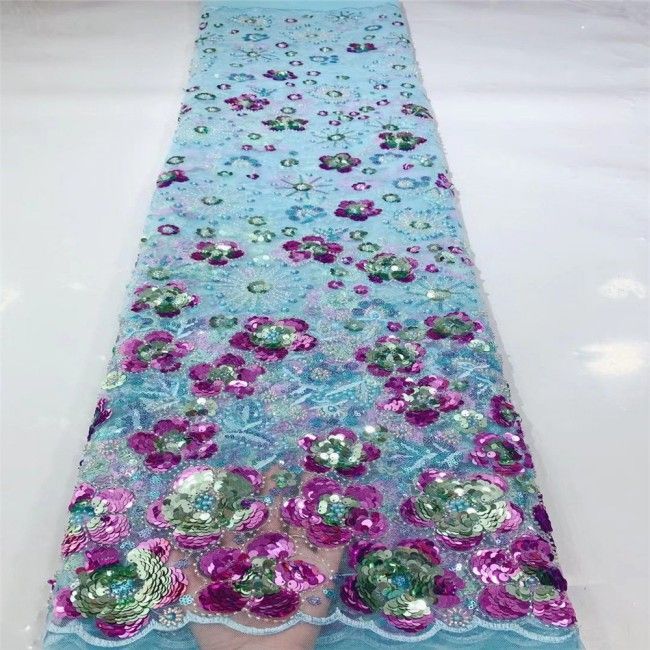 5 Yards Multi-Color Sequins Pearls Beaded Embroidered 3D Floral Lace Material Fabric JLT145