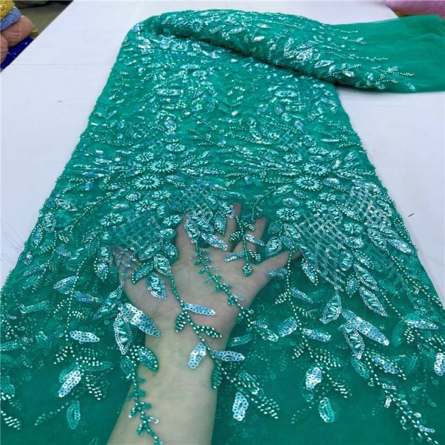 5 Yards Multi-Color Sequins Pearls Beaded Embroidered 3D Floral Lace Material Fabric JLT147