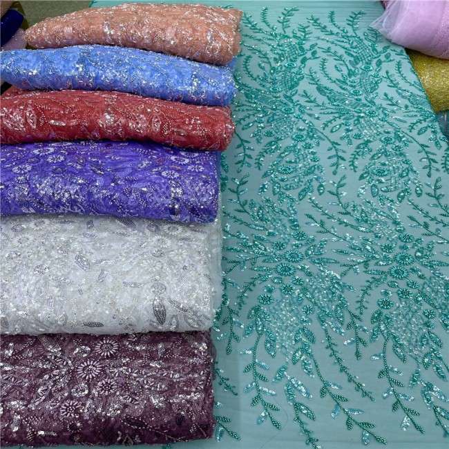 5 Yards Multi-Color Sequins Pearls Beaded Embroidered 3D Floral Lace Material Fabric JLT147