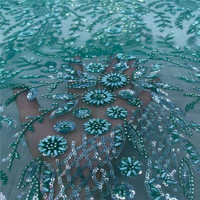5 Yards Multi-Color Sequins Pearls Beaded Embroidered 3D Floral Lace Material Fabric JLT147