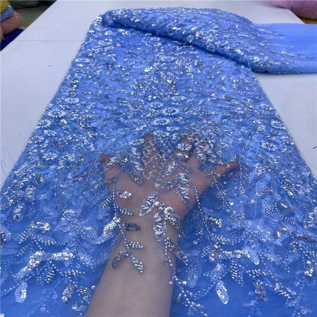5 Yards Multi-Color Sequins Pearls Beaded Embroidered 3D Floral Lace Material Fabric JLT147
