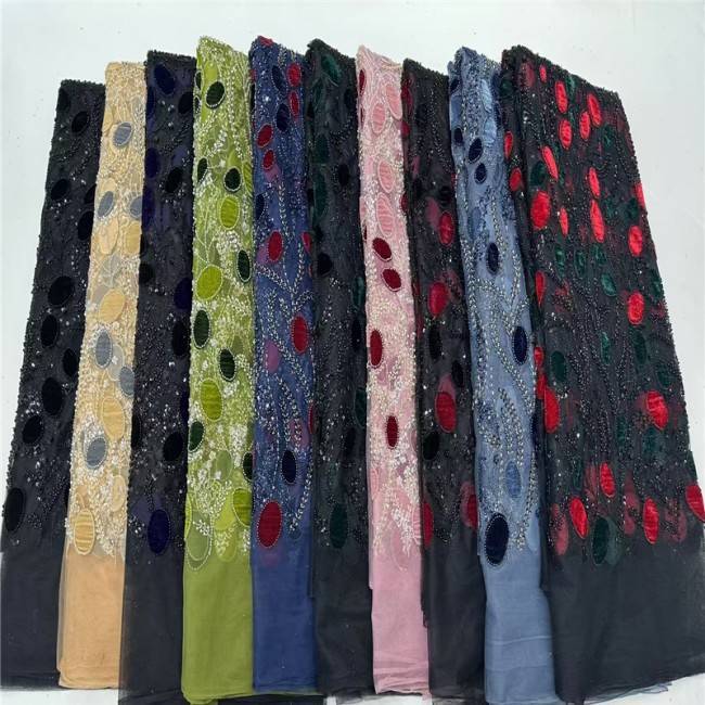 5 Yards Multi-Color Sequins Pearls Beaded Embroidered 3D Floral Lace Material Fabric JLT154