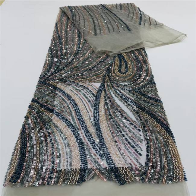 5 Yards Multi-Color Sequins Pearls Beaded Embroidered 3D Floral Lace Material Fabric JLT155