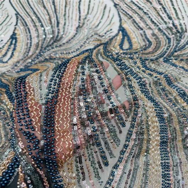 5 Yards Multi-Color Sequins Pearls Beaded Embroidered 3D Floral Lace Material Fabric JLT155