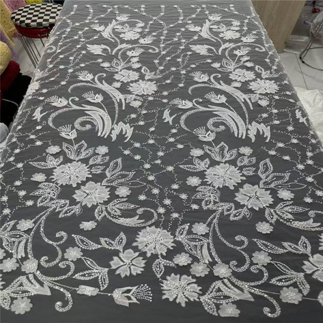 5 Yards Multi-Color Sequins Pearls Beaded Embroidered 3D Floral Lace Material Fabric JLT159