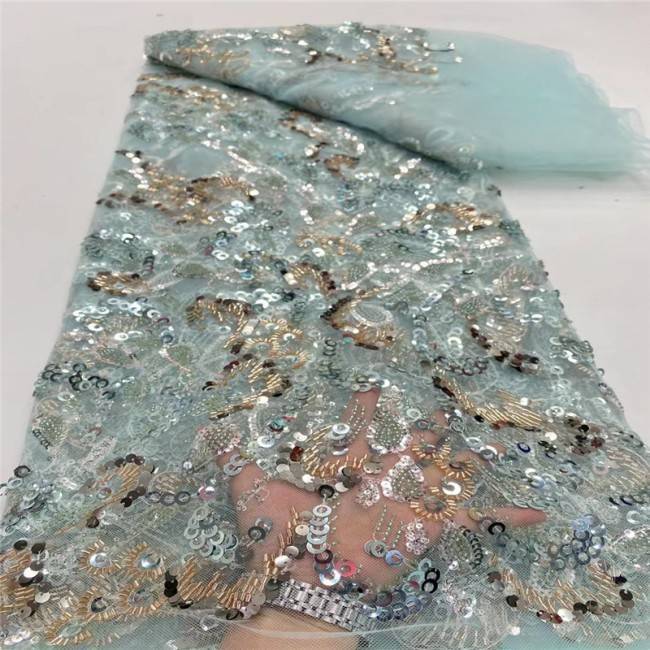 5 Yards Multi-Color Sequins Pearls Beaded Embroidered 3D Floral Lace Material Fabric JLT162