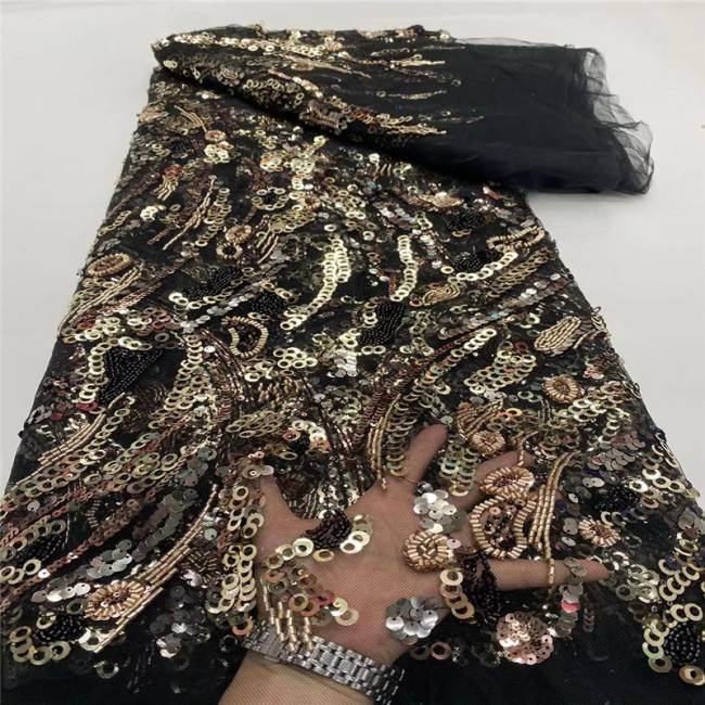 5 Yards Multi-Color Sequins Pearls Beaded Embroidered 3D Floral Lace Material Fabric JLT166