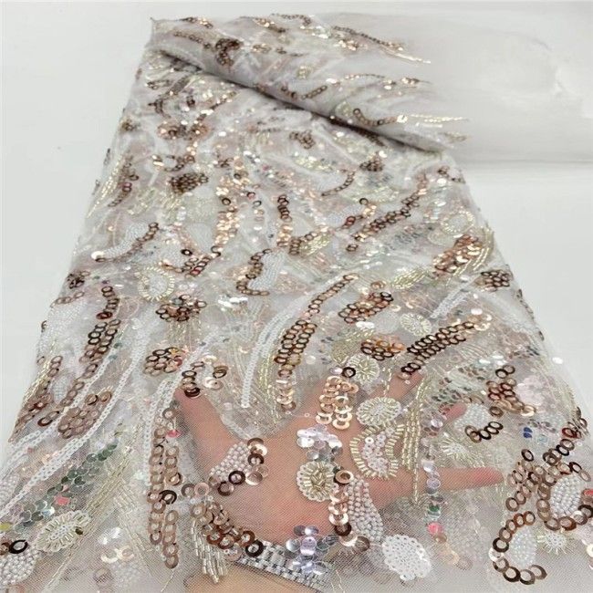 5 Yards Multi-Color Sequins Pearls Beaded Embroidered 3D Floral Lace Material Fabric JLT166