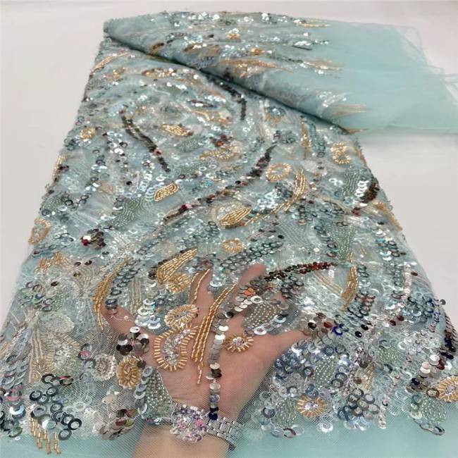 5 Yards Multi-Color Sequins Pearls Beaded Embroidered 3D Floral Lace Material Fabric JLT166