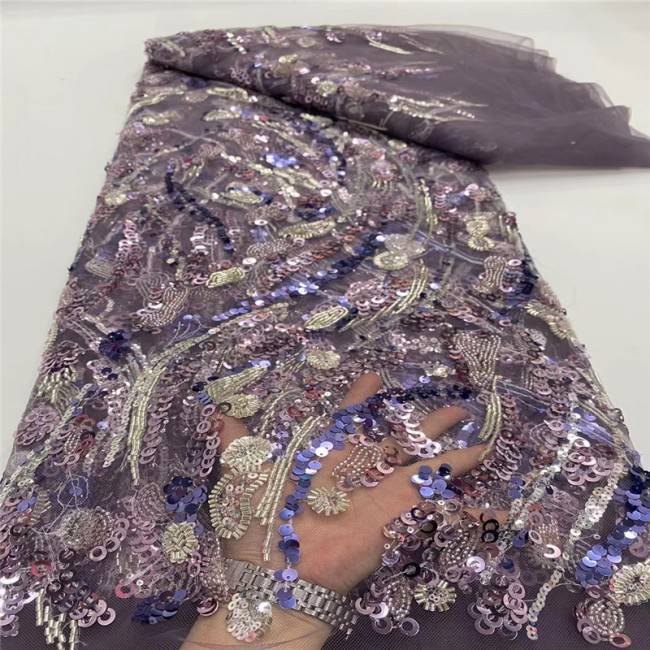 5 Yards Multi-Color Sequins Pearls Beaded Embroidered 3D Floral Lace Material Fabric JLT166