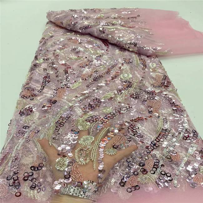 5 Yards Multi-Color Sequins Pearls Beaded Embroidered 3D Floral Lace Material Fabric JLT166