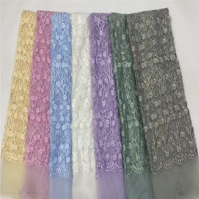 5 Yards Multi-Color Sequins Pearls Beaded Embroidered 3D Floral Lace Material Fabric JLT172