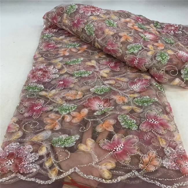 5 Yards Multi-Color Sequins Pearls Beaded Embroidered 3D Floral Lace Material Fabric JLT176