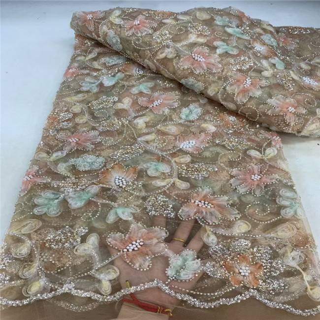 5 Yards Multi-Color Sequins Pearls Beaded Embroidered 3D Floral Lace Material Fabric JLT176