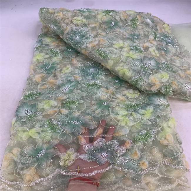 5 Yards Multi-Color Sequins Pearls Beaded Embroidered 3D Floral Lace Material Fabric JLT176