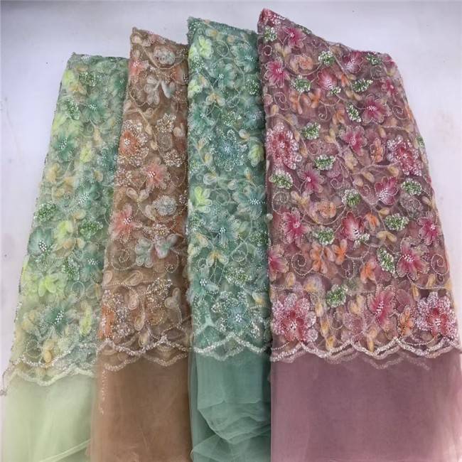 5 Yards Multi-Color Sequins Pearls Beaded Embroidered 3D Floral Lace Material Fabric JLT176