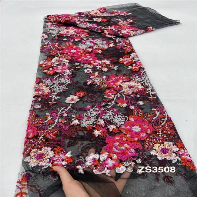 5 Yards Multi-Color Sequins Pearls Beaded Embroidered 3D Floral Lace Material Fabric JLT177